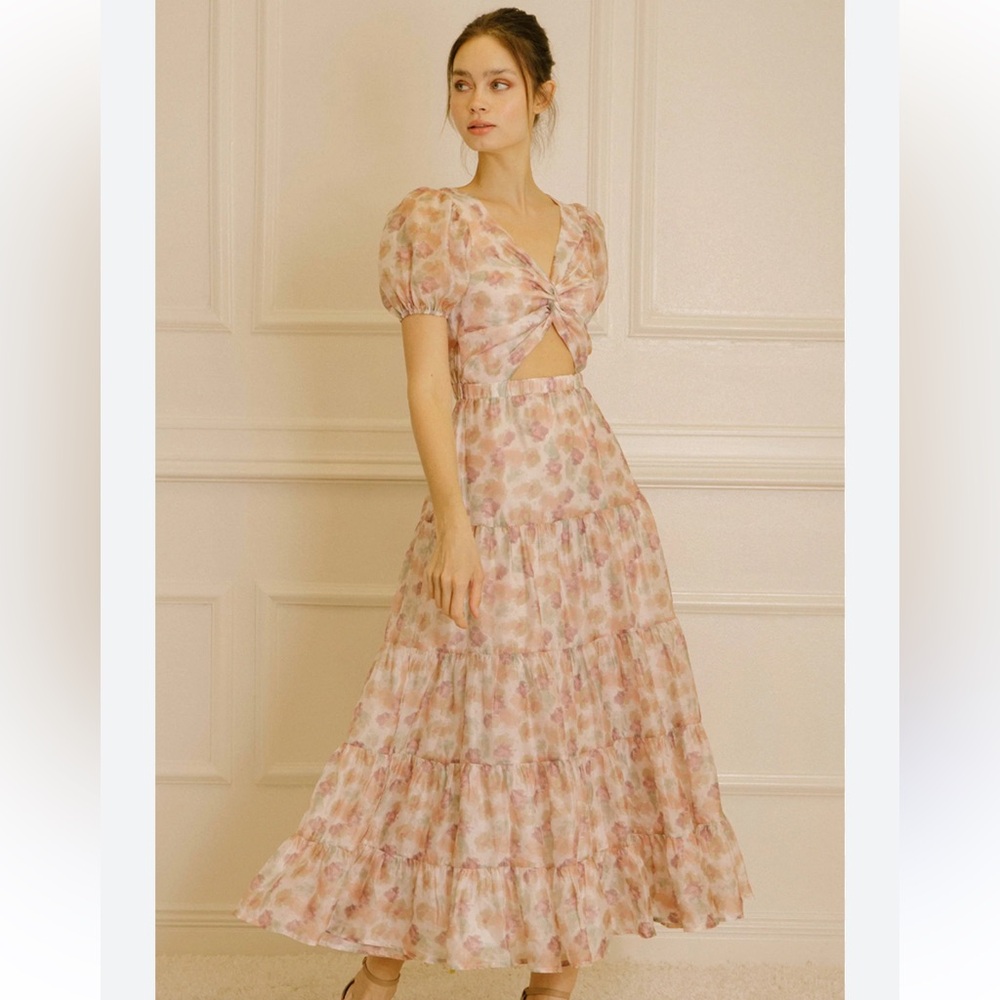 Storia Tiered Blush Floral Organza Puff Sleeve Cut Out Maxi Dress size Small - Picture 1 of 11